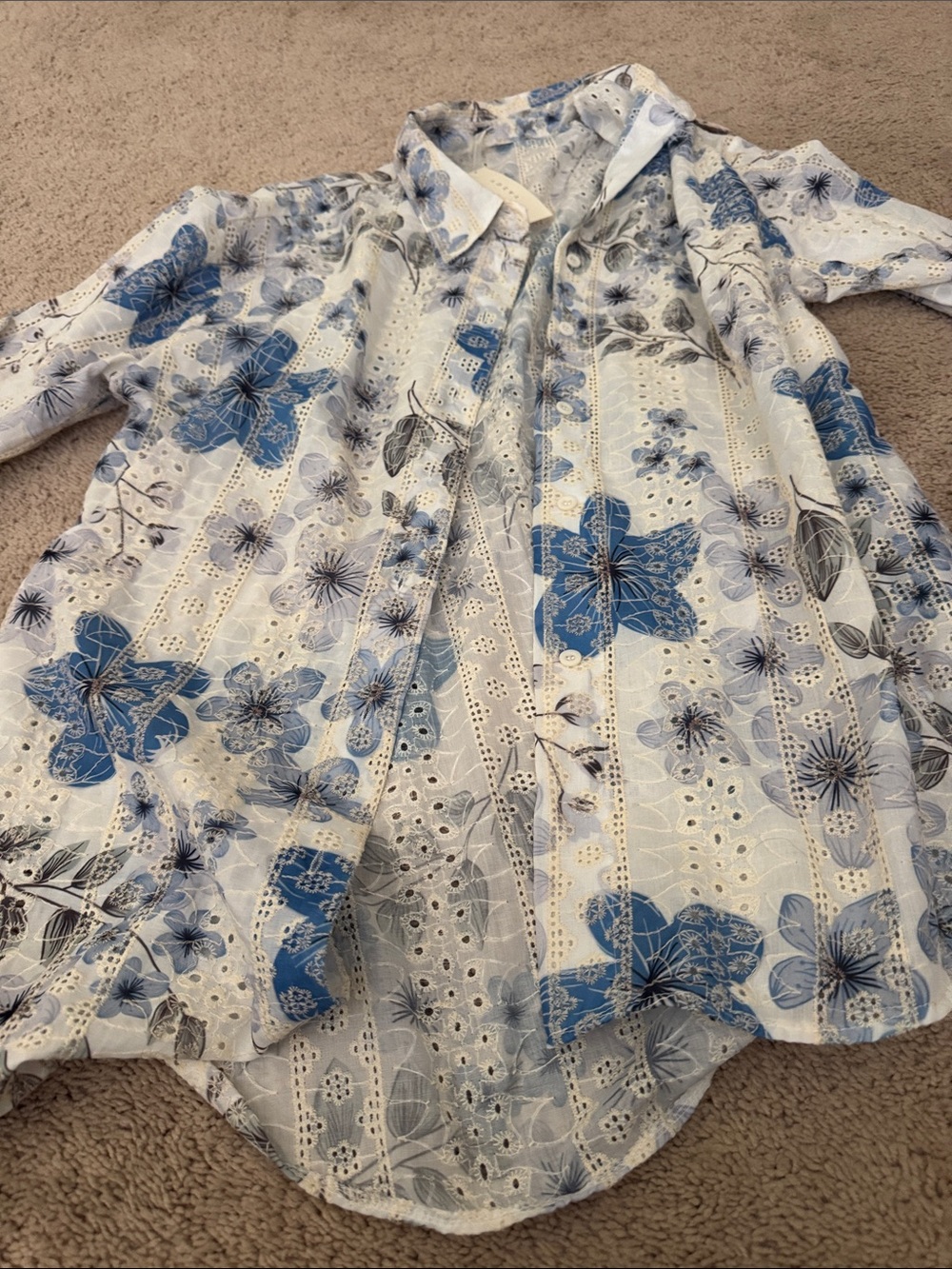 Adiva Blue Floral Eyelet Shirt Jacket
